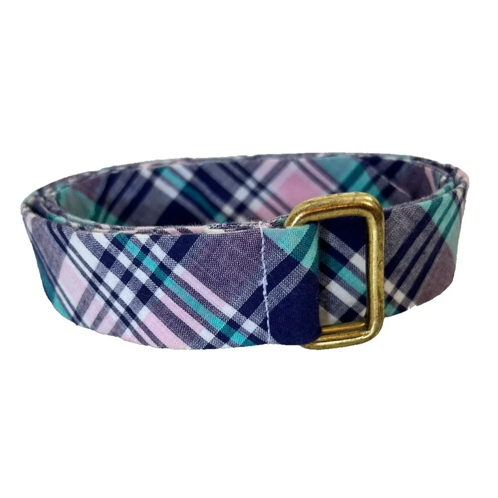 Sid Mashburn Plaid D Ring Belt Mens Medium Pastels Green Pink Purple Blue Brass